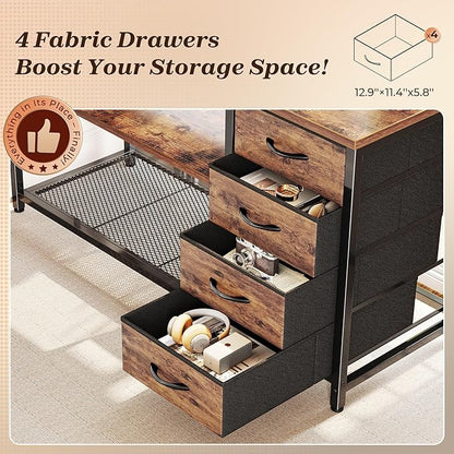 PRAISUN 61" L Shaped Desk with Power Outlets & USB-C Port, Reversible Computer Corner Office Desk with 4 Fabric Drawers and 2 Storage Shelves, Large Desk for Gaming Writing Study, Rustic Brown
