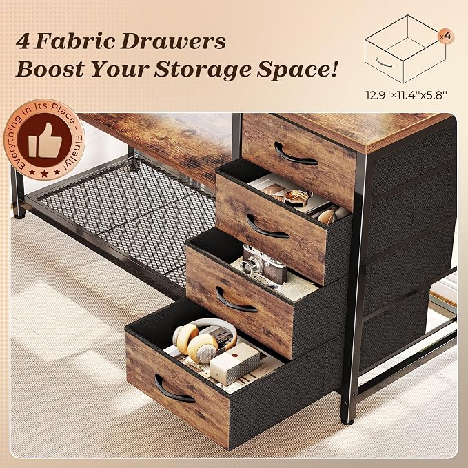 PRAISUN 53" L Shaped Desk with Power Outlets & USB-C Port, Reversible Computer Corner Office Desk with 4 Fabric Drawers and 2 Storage Shelves, Large Desk for Gaming Writing Work Study, Rustic Brown