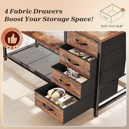 PRAISUN 53" L Shaped Desk with Power Outlets & USB-C Port, Reversible Computer Corner Office Desk with 4 Fabric Drawers and 2 Storage Shelves, Large Desk for Gaming Writing Work Study, Rustic Brown