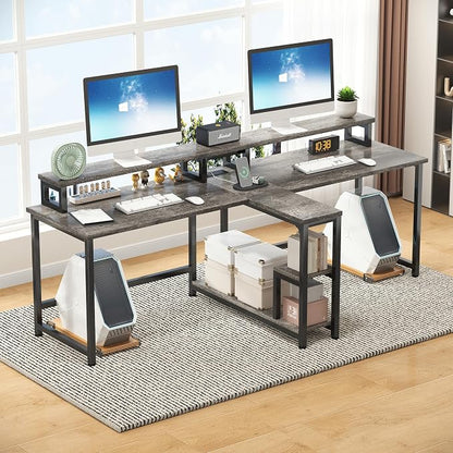 Mexin Two Person Desk-83.7 Inch Double Computer Desk with Monitor Stand and Power Outlets, Office Desk with Storage Shelves, Long Workstation Desk for Home Office, Gray Oak