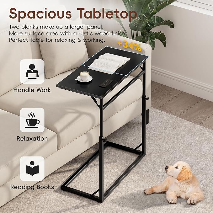 Vagusicc C Shaped End Table with Charging Station, C-Table End Table Adjustable Height Side Table for Couch, Large Couch Tables,Slide Under Sofa Tables TV Tray Arm Tables for Living Room,Bedroom,Black