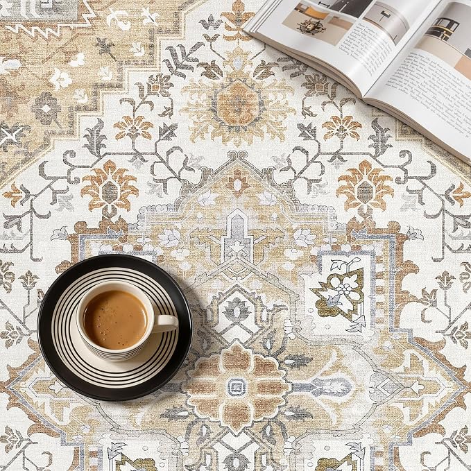 UERMEI 6x9 Area Rug for Living Room - Washable Vintage Carpet, Non-Slip Soft Large Indoor Floor Rugs for Bedroom Home Office & Under Dining Table Decor, Brown Beige