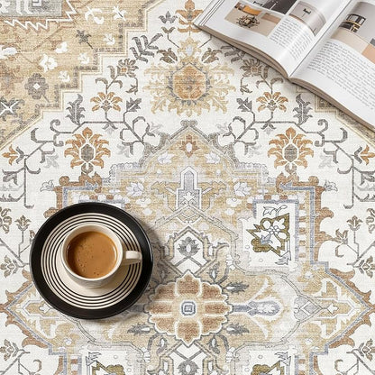 UERMEI 9x12 Area Rug for Living Room - Washable Vintage Carpet, Non-Slip Soft Large Indoor Floor Rugs for Bedroom Home Office & Under Dining Table Decor, Brown Beige