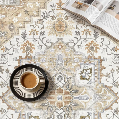 UERMEI 10x14 Area Rug for Living Room - Washable Vintage Carpet, Non-Slip Soft Large Indoor Floor Rugs for Bedroom Home Office & Under Dining Table Decor, Brown Beige