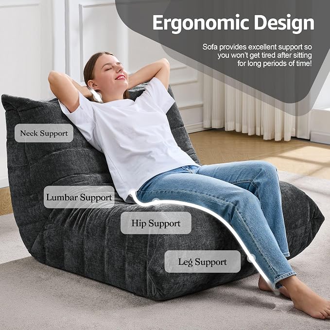 Hobestluk Adults Bean Bag Chair Faux Fur BeanBag Couch for Living Room | Darkgrey Chenille,Ergonomic Design,Memory Foam,Anti-slip Bottom,No Assembly Required,Decorative Style for Living Room