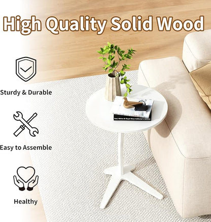 C Shaped End Table, Small Round Side Table for Couch, Slide Under Sofa Tray Desk for Living Room Bedroom, Solid Wood TV Tray Table for Narrow Space (15” White)