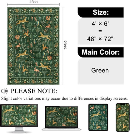 DUKINO 4x6 Rug, Washable Animal Area Rug with Non Slip Vintage Design, Indoor Soft Low Pile Carpet for Bedroom, Nursery, Dining Room, Farmhouse, Playroom, Green
