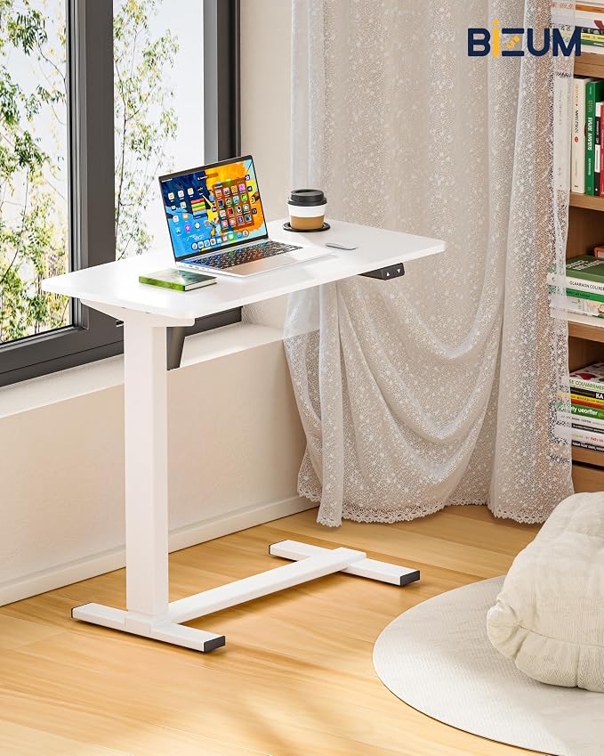 BIZUM Small Electric Standing Desk Bedside Table with Hidden Wheels 31.5 x 15.8 Inch Adjustable Computer Laptop Office Desk, White