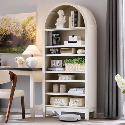IFGET 71" Tall Arched Bookshelf, 7 Tiers Arch Bookcase with Storage, Modern Farmhouse Book Shelf with Adjustable Shelves, Wood Bookshelf w/Open Display Shelves for Living Room, Office (Antique White)