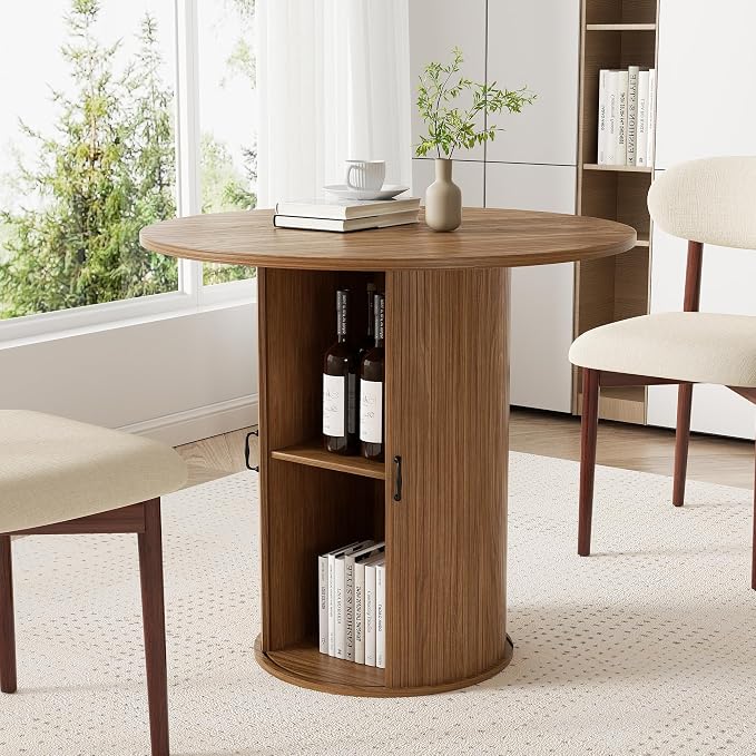 31.5 inch Round Dining Table for 2, Small Dinner Table with 2-Layer Storage Shelf, Morden Circle Kitchen Table with Strip Base and Wood Slide Door for Home Dining Room, Living Room, Chestnut