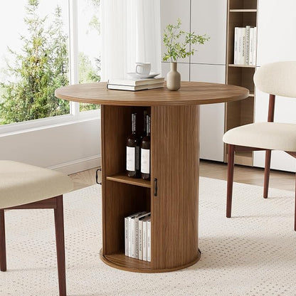 31.5 inch Round Dining Table for 2, Small Dinner Table with 2-Layer Storage Shelf, Morden Circle Kitchen Table with Strip Base and Wood Slide Door for Home Dining Room, Living Room, Chestnut