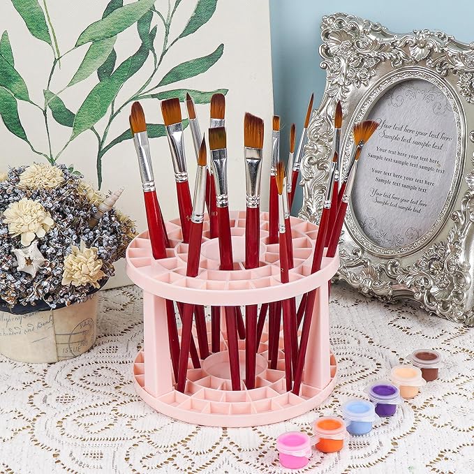 Round 50 Hole Paint Brush Holder and Organizer, Makeup Cosmetic Brushes, Pencils, Pens, Markers, Art Tools, Desk Stand (Pink)