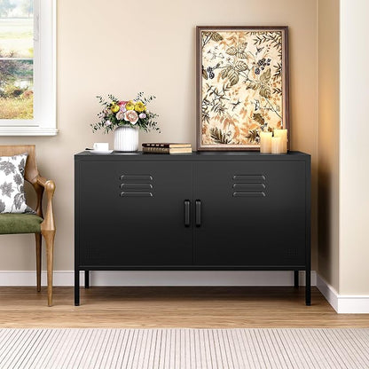 SISESOL Black Metal Storage Cabinet with Doors and Shelves,2 Door Wide Metal Locker Accent Storage Cabinet with Leg & Vent Hole,Wide TV Cabinets,Low Side Cupboard for Home,Office,Dining/Living Room