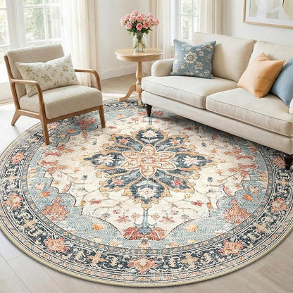 RELEANY Area Rugs Round 6ft Washable Non-Slip, Floral Vintage Distress Medallion Carpet for Living Room Bedroom Dining Room, Beige Navy Blue Orange Colorful