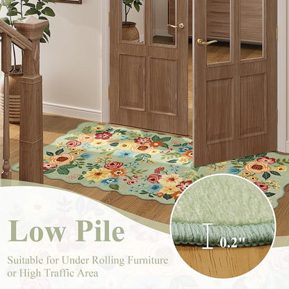 DUKINO 2x5 Washable Runner Rugs, Non Slip Floral Print Entryway Rug with Soft Low Pile, Lightweight Mat for Living Room, Bathroom, Bedroom, Kitchen, Green