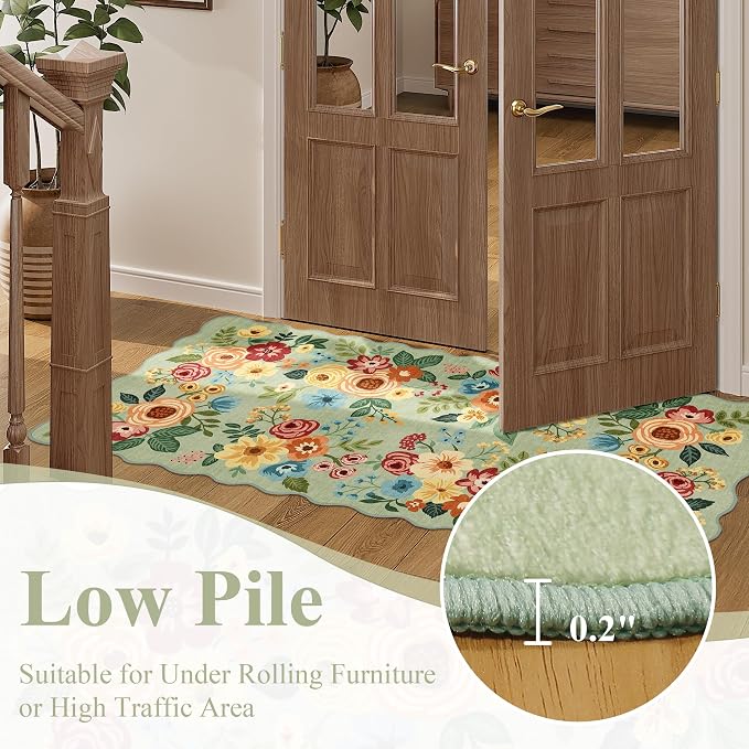 DUKINO 3x10 Washable Runner Rug, Non Slip Floral Ultra Soft Runner for Hallway, Lightweight Low Pile & Stain Resistant Long Throw Carpet for Kitchen, Bathroom, Entrance, Bedroom, Kids Room, Green