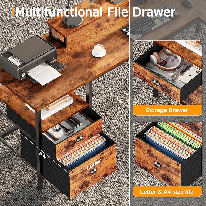 Furologee 66” L Shaped Desk with Power Outlet, Reversible Home Office Desk with File Drawer, 2 Monitor Stands, Storage Shelves, Corner Computer Table for Gaming, Writing, Rustic Brown