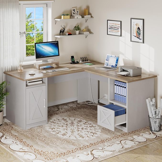 YITAHOME L Shaped Desk with Power Outlets, 60 Inch Computer Desk Corner Desk with File Drawer, Home Office Desk with Monitor Stand & Storage Shelves, L-Shaped Desk with File Cabinet, Grey Wash
