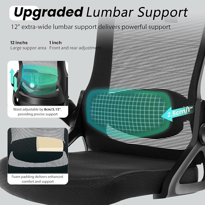 Fizzin Ergonomic Office Chair, 400 LBS Computer Chairs with Adjustable Lumbar Support, Breathable Mesh Desk Chair Ergonomic with Thickened Cushion, Comfy Home Office Desk Chair (Black)