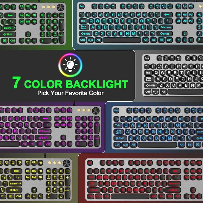 QUASIO Large Print Backlit Keyboard with 7-Color Backlit, Wired USB Lighted Computer Keyboards Oversize Letters Keys Easy to See, Illuminated Keyboard for PC, Laptop,Windows Desktop
