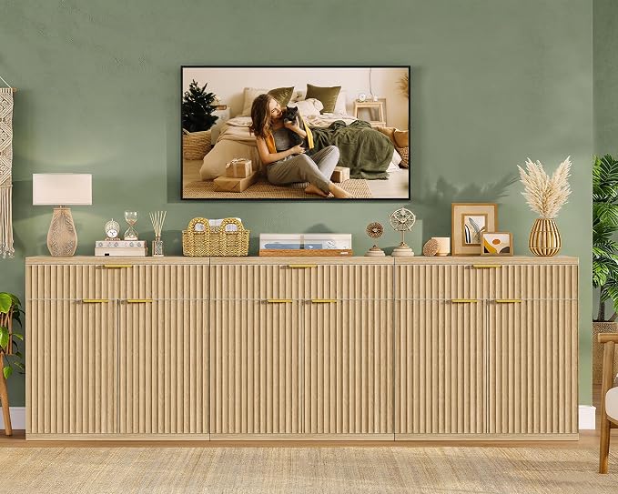 TEENFON Fluted Buffet Cabinet with Storage, 63" Sideboard Cabinet, Coffee Bar Cabinet with 2 Doors and Adjustable Shelf for Living Room, Kitchen, Entryway, Natural