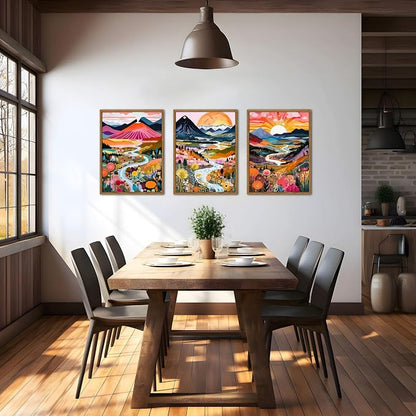 Floating Framed Boho Colorful Wall Art, Abstract Watercolor Mountain Landscape Wall Decor Painting Set of 3, Modern Flower Aesthetic Posters Prints for Living Room Bathroom Bedroom 12x16 Inch