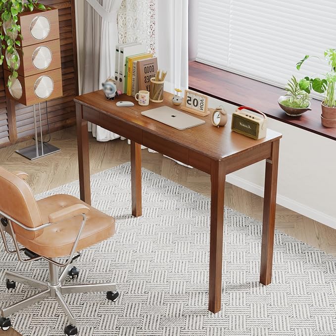 Solid Wood Desk with Drawers - 39" Narrow Desks, Small Wooden Writing Desk for Bedroom, Mid Century Modern Vintage Computer Desks, Study Table for Home Office, Walnut