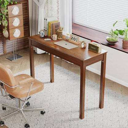 Solid Wood Desk with Drawers - 39" Narrow Desks, Small Wooden Writing Desk for Bedroom, Mid Century Modern Vintage Computer Desks, Study Table for Home Office, Walnut