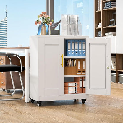 36" Metal Garage Storage Cabinet with Lock and Wheels,Rolling Steel Locker Organizer,Office File Cabinet with 2 Doors and 2 Adjustable Shelves,Tool Cabinets for Home Office,Gym,School (White)