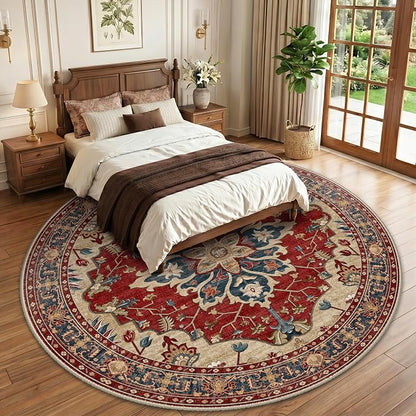 RELEANY Area Rugs Round 10ft Washable Non-Slip, Floral Vintage Distress Medallion Carpet for Living Room Bedroom Dining Room, Red Blue