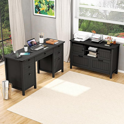 2 Drawer Lateral File Cabinet with Outlets & Charging Station for Files Letter/FC/A4, Farmhouse Filing Cabinets for Home Office Storage, Wooden Print Stand, 46.4" Wide, Black