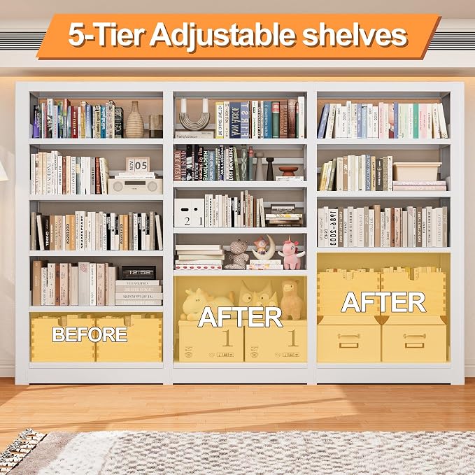 Bookshelf,5-Tier Industrial Bookshelf, White Bookcases and Bookshelves,Tall Bookshelf Storage Organizer,Freestanding Bookshelf for Living Room, Bedroom,Home Office,Metal Bookshelf (White, Bookshelf-3)