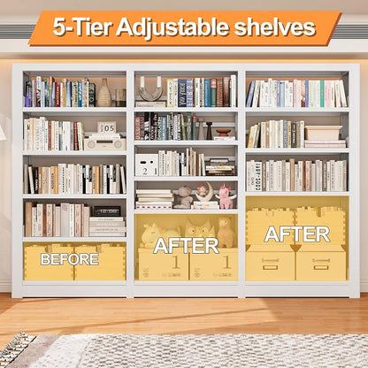 Bookshelf,5-Tier Industrial Bookshelf, White Bookcases and Bookshelves,Tall Bookshelf Storage Organizer,Freestanding Bookshelf for Living Room, Bedroom,Home Office,Metal Bookshelf (White, Bookshelf-3)