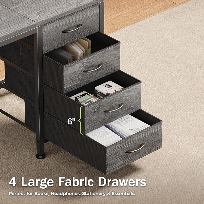 PRAISUN 55.1 Inch Computer Office Desk with Power Outelts and USB-C Port, Reversible Gaming Desk with 4 Fabric Drawers, Work Study Desk Work from Home, Grey
