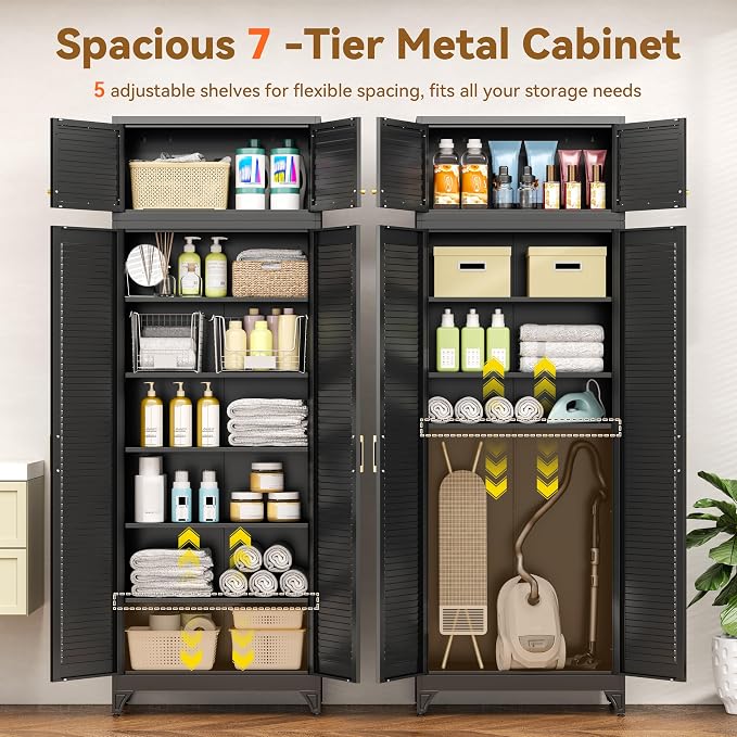 Polup 90" Tall Metal Kitchen Pantry Storage Cabinet with Doors and Shelves | Black Heavy Duty Steel Cabinet,Golden Handle,5 Adjustable Shelves,Louvered Doors,Anti-tipping,2 packages,garage,Dining room