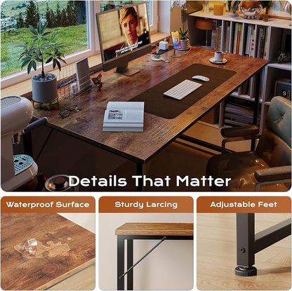 PRAISUN 47 X 24 Inch Computer Desk with Power Outlets & USB-C Port, Office Desk with Deeper Desktop, Study, Bedroom, Writing Work from Home Table, Metal Frame, Rustic Brown