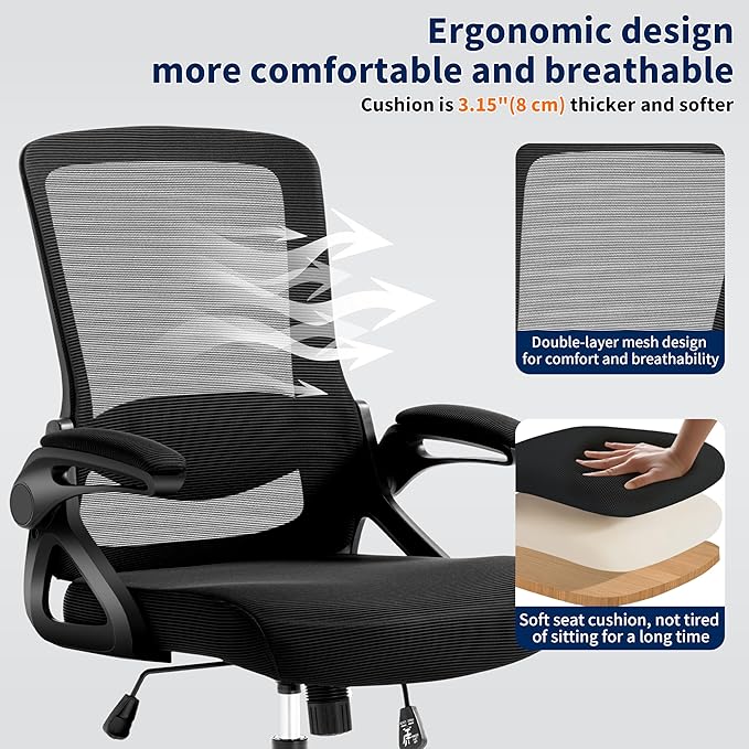 Ergonomic Office Chair, Desk Chair with Adjustable Lumbar Support, Breathable Mesh Comfy Computer Chairs with Flip-up Armrests Executive Task Chair for Adults Home Office (6Pcs)