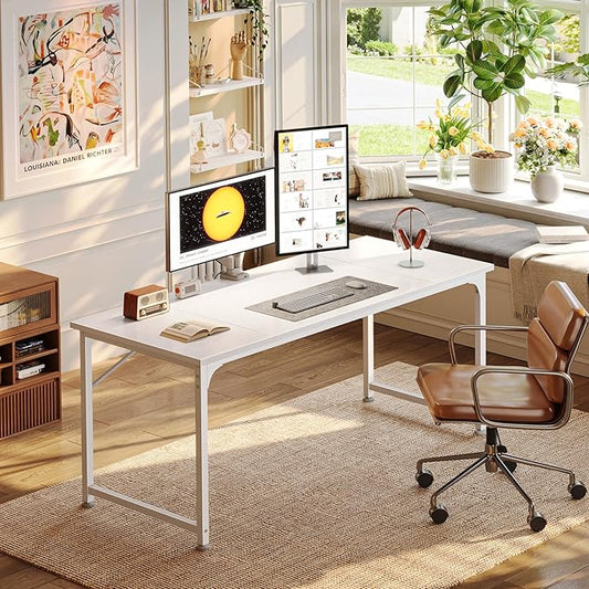 PRAISUN 55 Inch Computer Desk, Home Office Desk with Spacious Desktop, Modern Gaming Desk, Writing Study Table for Bedroom, Small Spaces, Work from Home Desk with Metal Frame, White