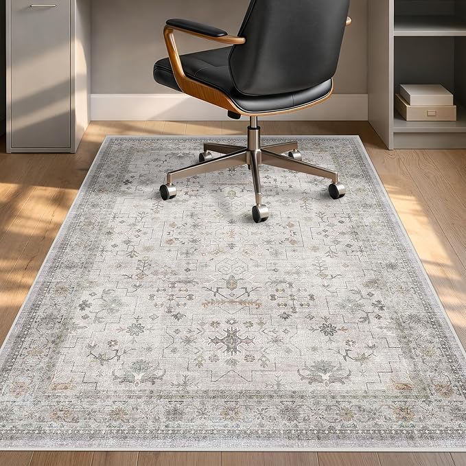 Washable Boho Office Chair Mat for Hard Wood Floors, Light Gray Floor Protector for Heavy Duty Computer Chair, 48"x60" Low Pile Under Desk Rug, Easy to Clean, Non-Slip Stain & Fade Resistant
