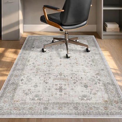 Washable Boho Office Chair Mat for Hard Wood Floors, Light Gray Floor Protector for Heavy Duty Computer Chair, 48"x60" Low Pile Under Desk Rug, Easy to Clean, Non-Slip Stain & Fade Resistant