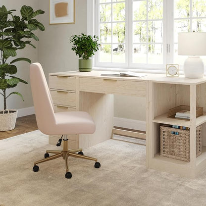 Martha Stewart Maeve Swivel Task Chair with Height Adjustable Seat for Home Office in Conch Shell Fabric with Polished Brass Frame