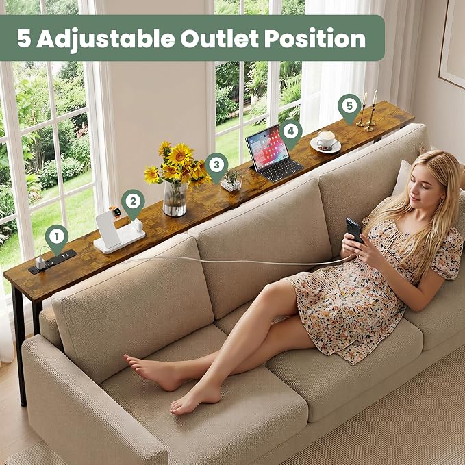 GRLEAF 63" Narrow Console Sofa Table with Built-in Power Strip (2 AC Outlets & 2 USB Ports) – 4.9ft Power Cord, Metal Frame, Easy Assembly, Ideal for Behind Couch, Hallway, and Office | Rustic Brown