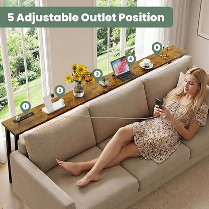 GRLEAF 70" Sofa Table with Built-in Power Strip (2 AC Outlets & 2 USB Ports) – 4.9ft Power Cord, Metal Frame, Easy Assembly, Long Couch Table Behind Sofa, Living Room and Home Office | Rustic Brown