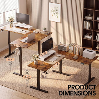 Furmax 63 x 55 Inch L Shaped Standing Desk with 2 Preset Heights, Electric Height Adjustable Computer Table, 2 Hooks & Feet Balance, Corner Sit Stand Desk for Home Office (Rustic Brown, 63 x 55 Inch)