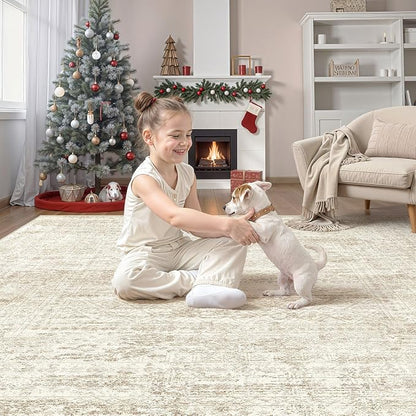 UERMEI Square Area Rugs : Washable 8x8 Neutral Modern Abstract Carpet for Living Room Bedroom - Soft Floor Mat with Non Slip Backing for Kitchen Nursery Dorms Farmhouse Home Decor - Beige/Brown