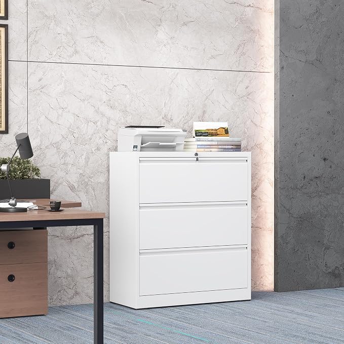 3 Drawer Lateral File Cabinet with Lock, Metal Lateral File Cabinets for Home Office, Steel Heavy-Duty Filing Storage Cabinet for Letters/Legal/A4 (Require Assembly, White)