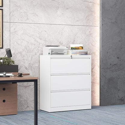 3 Drawer Lateral File Cabinet with Lock, Metal Lateral File Cabinets for Home Office, Steel Heavy-Duty Filing Storage Cabinet for Letters/Legal/A4 (Require Assembly, White)
