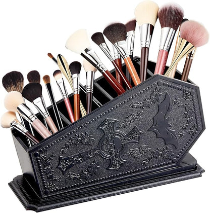 Gothic Coffin Decor Makeup Brush Holder,Spooky Witchy Gifts for Women,Bat Cosmetic Display Cases,Cross Goth Decor Pen Holder, Vanity, Desk, Office Organizer for Christmas Bedroom Bathroom,Black