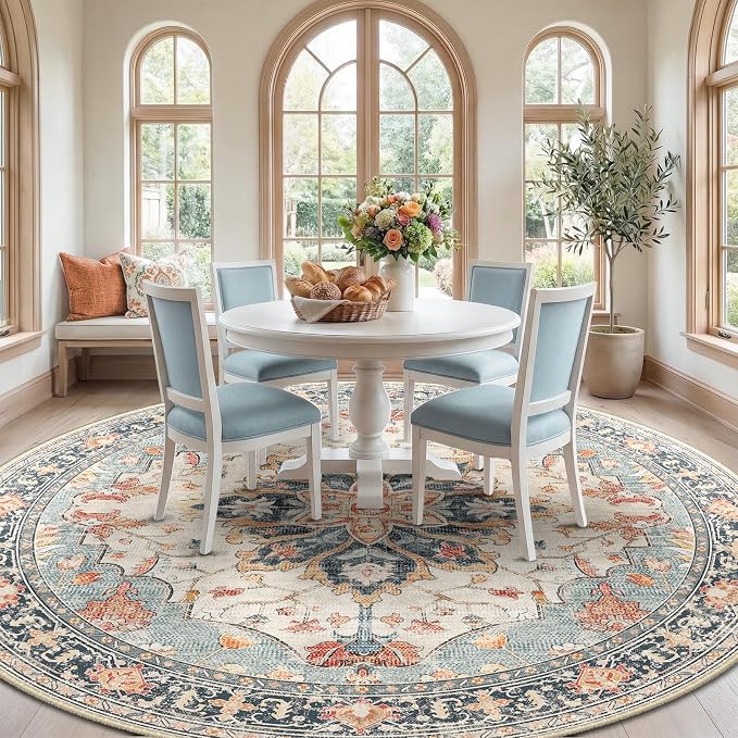 RELEANY 8ft Round Rug, Area Rugs 8ft, Washable Rug, Non-Slip, Rugs for Living Room for Bedroom, Circle , Vintage Rugs Boho Floral Medallion, Low Pile, Soft, Beige Dark Blue Navy Red