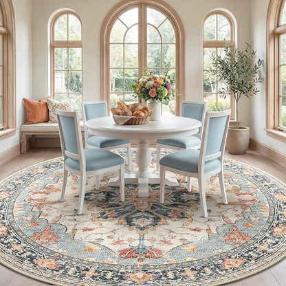 RELEANY Area Rugs Round 10ft Washable Non-Slip, Floral Vintage Distress Medallion Carpet for Living Room Bedroom Dining Room, Beige Navy Blue Orange Colorful